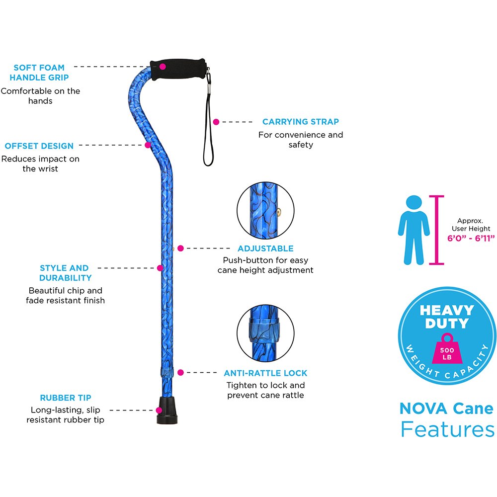 Nova Medical Products HD TALL OFFEST CANE BLUE WAVES