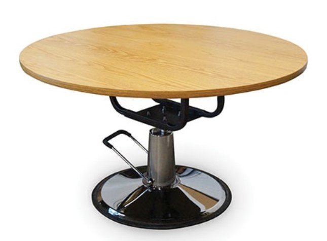 Table,Round,48"D,Hydraulic Lift, Natural Oak